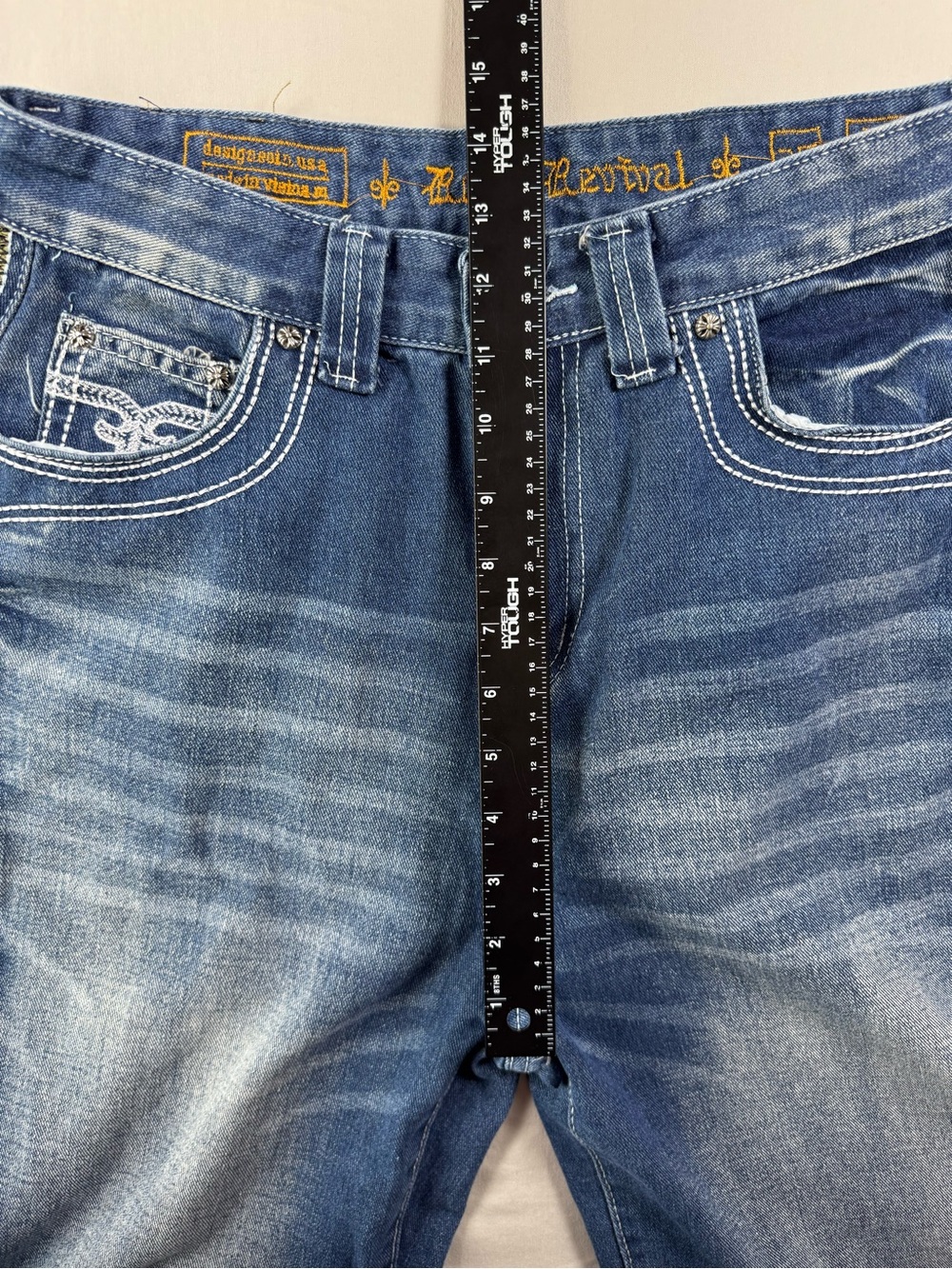 Men’s Y2K Baggy Wide Leg Jeans Embroidered Flap Pocket Medium Wash 30x28 - Picture 8 of 11